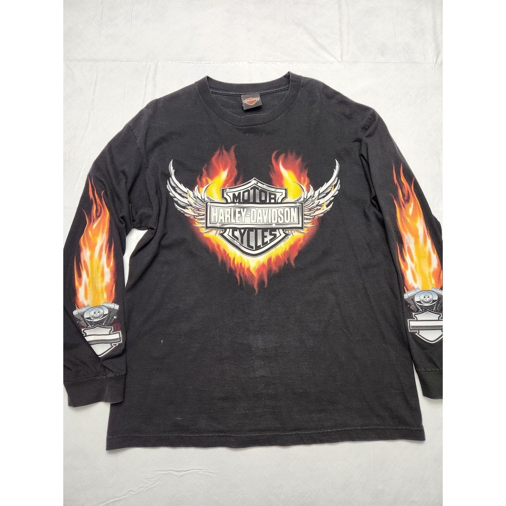 Harley-Davidson Shirt Mens Large Black Flaming Engine Long Sleeve‎ Lubbock TX